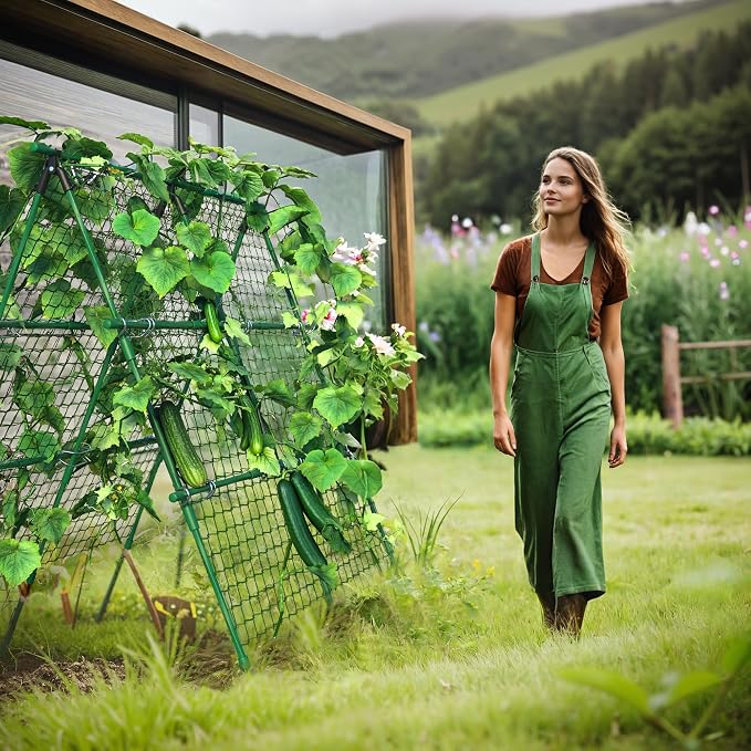 Garvee Outdoor Plant Support Trellis, 4 ft x 4 ft Metal A-Frame with Netting for Tomatoes Cucumbers Peas Beans Grapes, Climbing Vegetable Garden Trellis for Raised Beds, Green