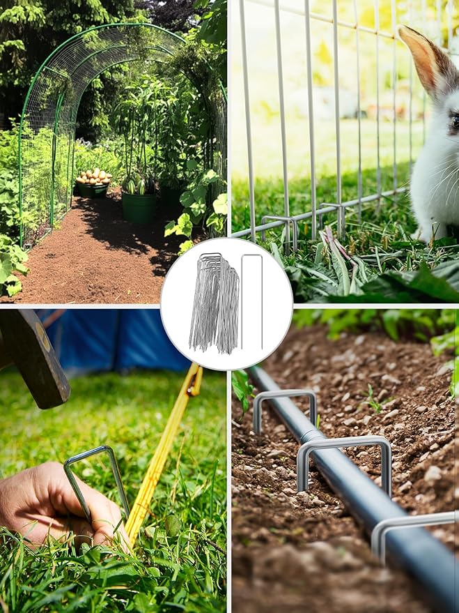 GROWNEER 100 Pack Landscape Staples 6 Inch 11 Gauge Heavy Duty Hot-Dip Galvanized Steel Garden Stakes U-Shaped Weed Barrier Spikes Metal Ground Pins for Lawn and Yard Landscaping