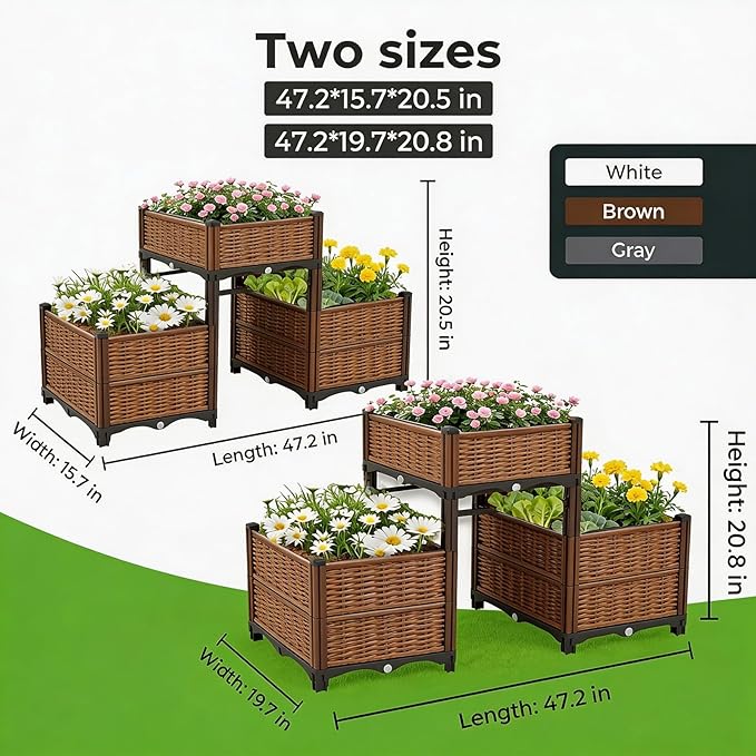 3PCS Raised Garden Beds Outdoor with Legs Planter Box, 47x16x21in Reinforced Support Rods, Drainage Grid, Multi-Combination Options for Vegetables, Flowers, Herbs, Ideal for Balcony, Patio Gardening