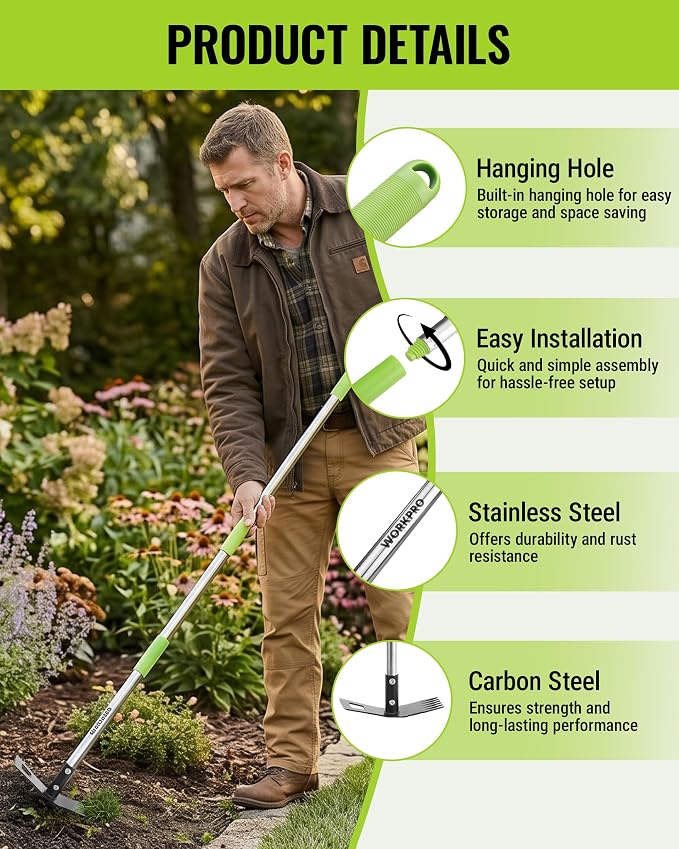 WORKPRO Weed Puller Tool with Long Handle – 2-in-1 Garden Hoe & Weed Rake, 29"-56" Adjustable Manual Weeding Tool, Uprooting Weed Remover Gardening Weeder Tools for Yard, Lawn, Patio and Garden
