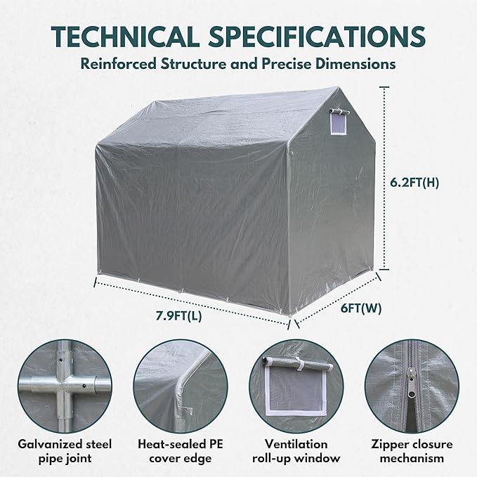 HOTEAGLE Outdoor Storage Portable Shed, 3/4 inch Thick Support Rods & Bolted Frame (Not Socket), Rolled Up Doors and Ventilation Window, Tent Garage 8 x 6 ft