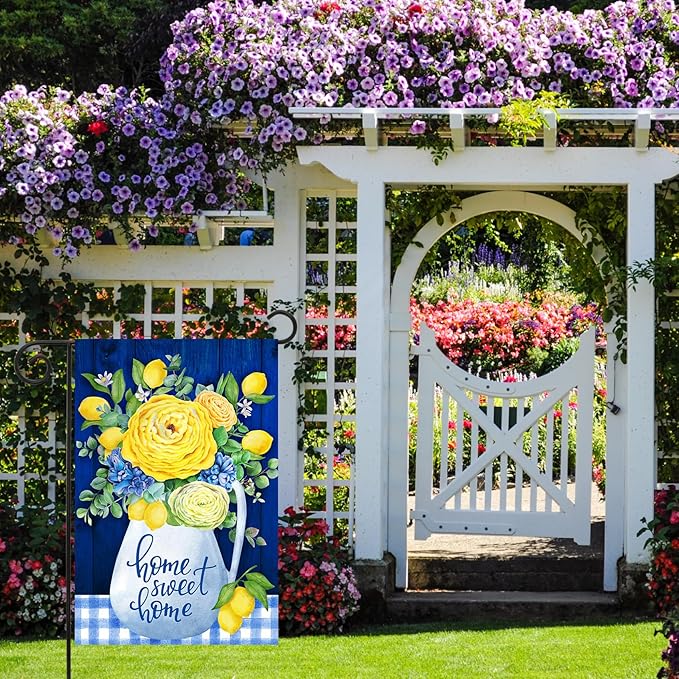 Texupday Home Sweet Home Blue and Yellow Flower Lemon Decoration Spring Summer Floral Garden Flag Buffalo Check Plaid Seasonal Holiday Outdoor Yard Banner 12" x 18"