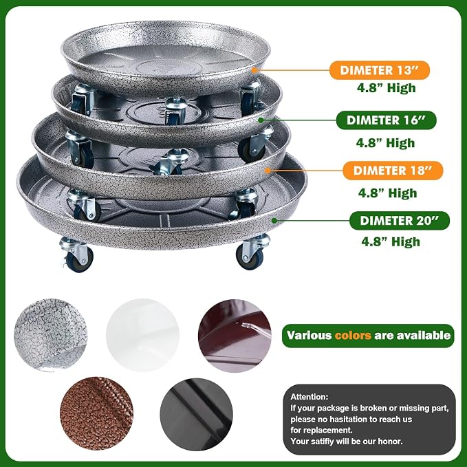 Planterhoma 3 Packs 13 inches Metal Plant Caddy with Wheels Large Rolling Plant Stand Heavy-duty Iron Plant Dolly Casters for Indoor Outdoor Flower Pot Mover Roller Coasters, Silver-black