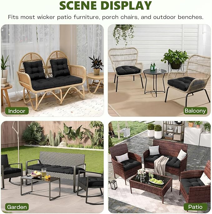 Wicker Chair Cushions Set, 2 U-Shaped Cushions & 1 Loveseat, Waterproof Outdoor Loveseat Cushion for Patio Furniture, Settee Bench Pad All Weather,Black