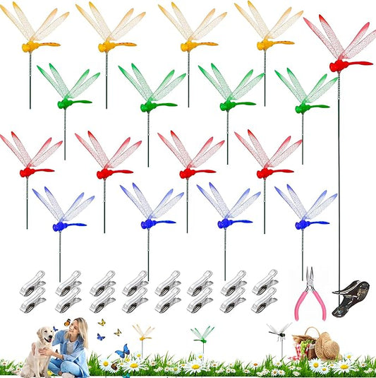 16Pcs Dragonfly Clip, DIY Dragon Fly Clips, Fake Dragonfly Garden Outdoor Decor, Plastic Dragon Fly Plant Pot Decorations with Pliers & Clips(Small)