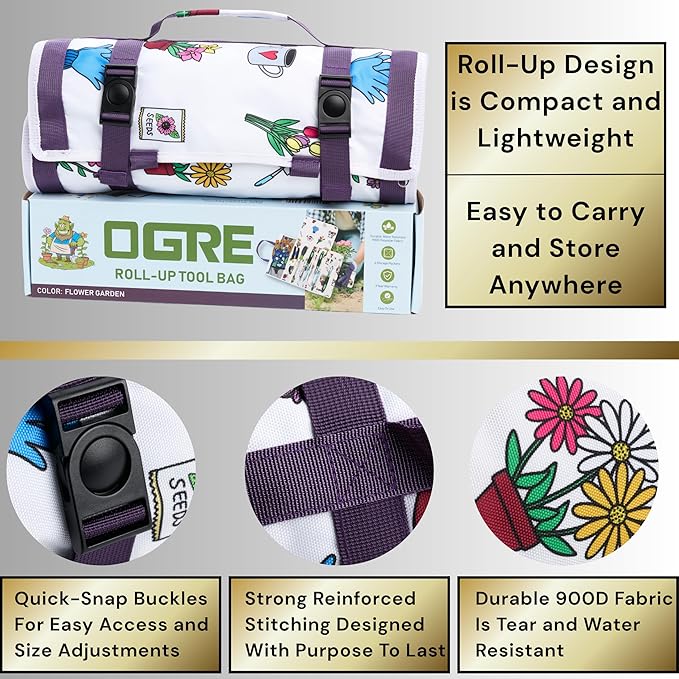 Garden Tool Bag, Roll-Up Garden Tool Holder with Deep Pockets | 900D Polyester Heavy Duty Gardening Tote | Compact Washable Organizer for Tools, Seeds, and Essentials (Tools Not Included)