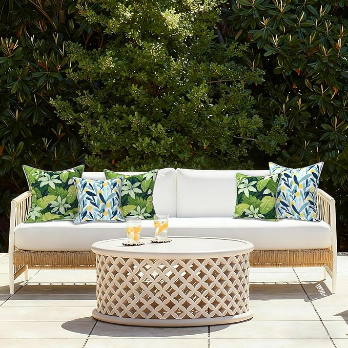 LVTXIII Outdoor Throw Pillows 20x20 Patio Waterproof Square Pillows with Piping Fade Resistant Accent Pillow for Spring Summer Garden Decoration, Set of 2, Jungle Leaves