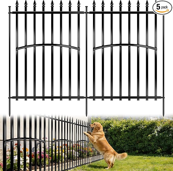 Metal Garden Fence 32in H x 27in W (5 Panels, Total Length 11.5ft), No Dig Animal Barrier Fence for Dogs, Heavy Duty Tube Decorative Garden Edging Border, Outdoor Rustproof Landscape Fencing for Yard