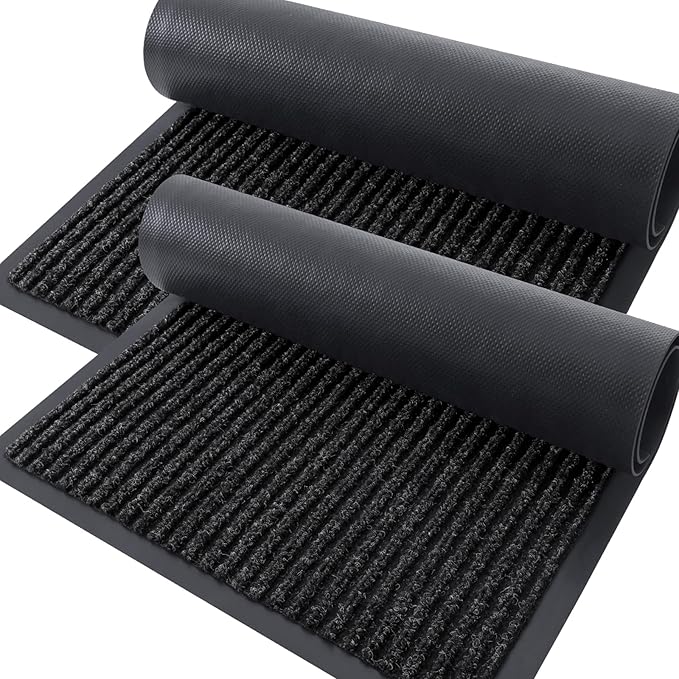 OLANLY Front Door Mat Indoor Outdoor Entrance, 2-Pack 47 x 23 Inch, Waterproof Heavy Duty Doormat, Fade Resistant, Low Profile, Easy Clean Patio Porch Welcome Floor Mats for Entry, Off-Black
