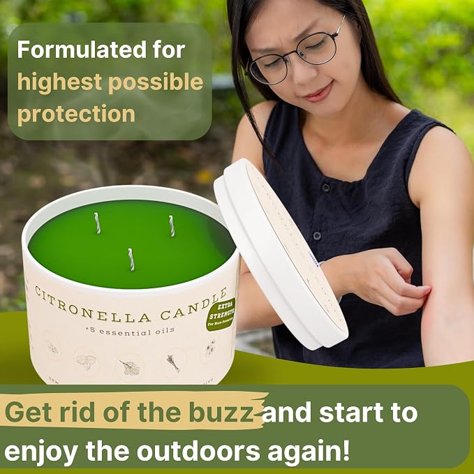 Buzz Defender 14oz Outdoor Citronella Candles | Highly Effective 100% Natural | 64h Burn time | 2X | Large Citronella Candles Outdoor, Ideal for the Backyard Porch, Patio and Camping | Extra Strong