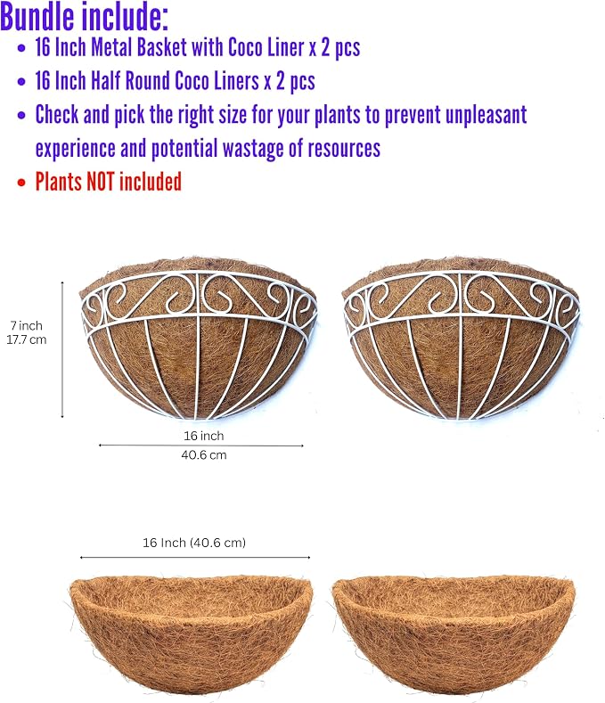 LaLaGreen Bundle- 2 Pack, 16 Inch Metal Basket with Coco Liner + 2 Pack, 16 Inch Half Round Coco Liner Replacement Wall Mount Window Hanging Fence Railings Deck Balcony Flower Pot Outdoor Modern Decor
