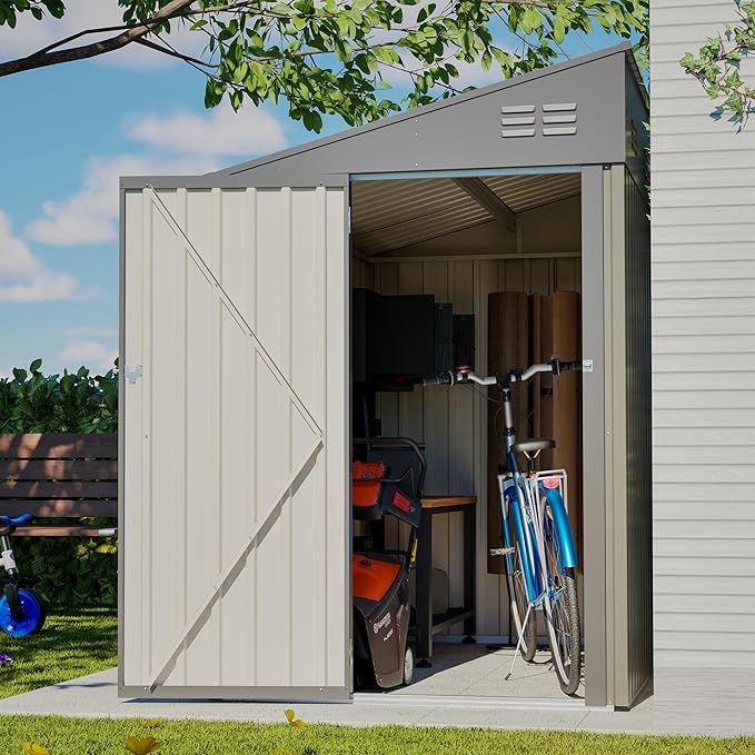 YOPTO 4x7 FT Outdoor Storage Shed Lean to Shed,Metal Shed W/Lockable Door & Air Vent,All Weather Waterproof Garden Tool House W/Reversible Installation,for Backyard,Patio,Lawn,Olive Gray