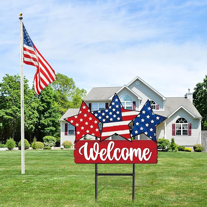 JarThenaAMCS Patriotic Metal Garden Stakes Vintage 4th of July Star Decorative Lawn Sign Welcome Yard Sign for 250th Anniversary Independence Day Home Outside Lawn Porch Decor