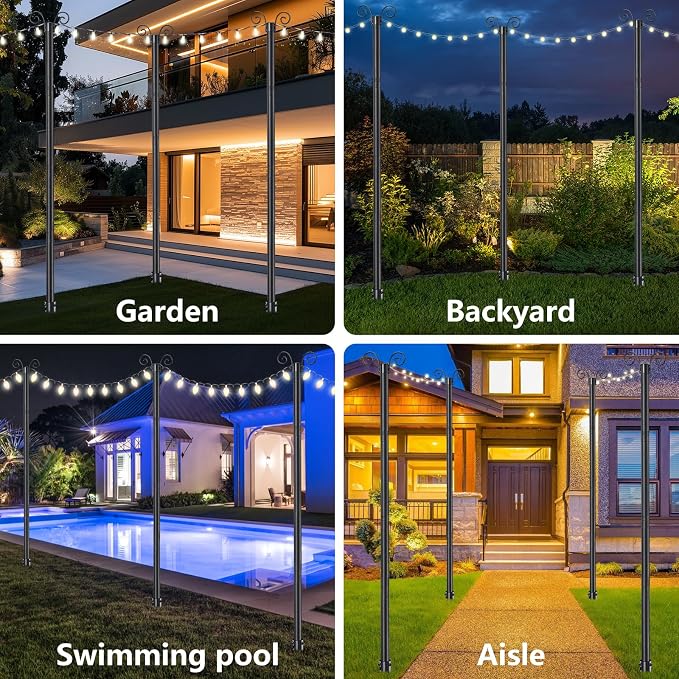 String Light Poles for Outside 9.3 FT - 2 Pack Outdoor Patio Decor Poles for String Lights Hanging, Heavy Duty Auger Ground Anchor, 1.5 inch Diameter Adjustable Metal Post