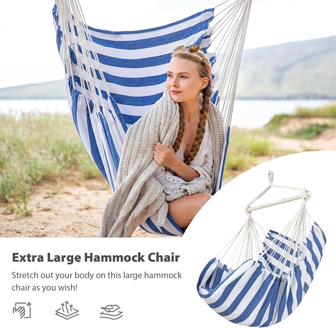SUNCREAT Hammock Chairs Hammock Chair Swing with Steel Support Bar, Side Pocket, Large Swing Chair for Bedroom, Patio, Garden, Blue & White