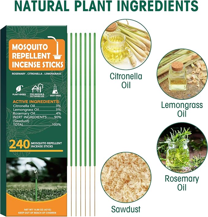 240 pcs Mosquito Repellent Outdoor Patio Sticks, Citronella Repellent Incense Sticks, Natural Essential Oil Incense, Repel Mosquito for Indoor, Patio, Camping, Fishing