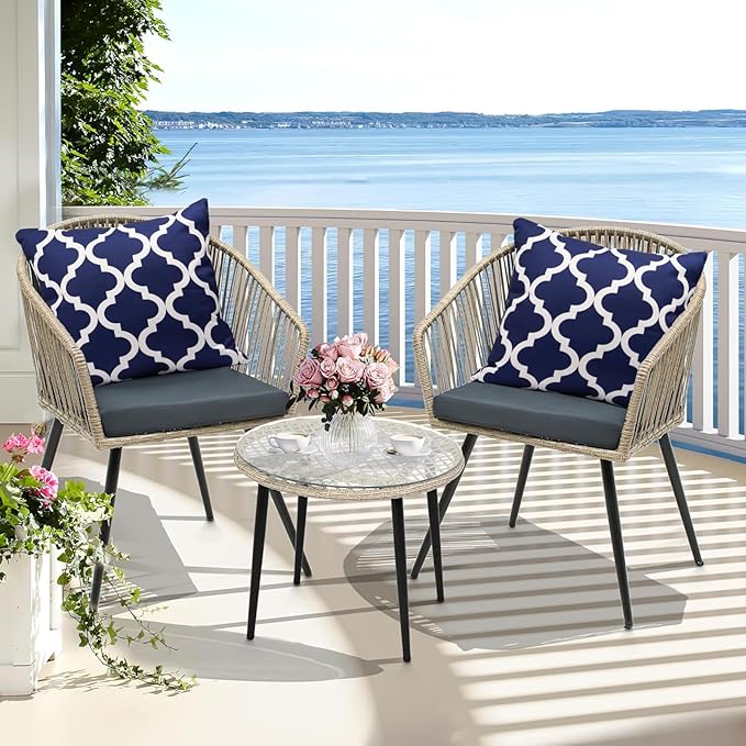 Pack of 2 Outdoor Waterproof Throw Pillow Covers 16x16 Navy Blue and White Throw Pillow Covers Outdoor Pillows Covers for Patio Furniture Garden Balcony Sunbrella Outside(No Pillow Insert)