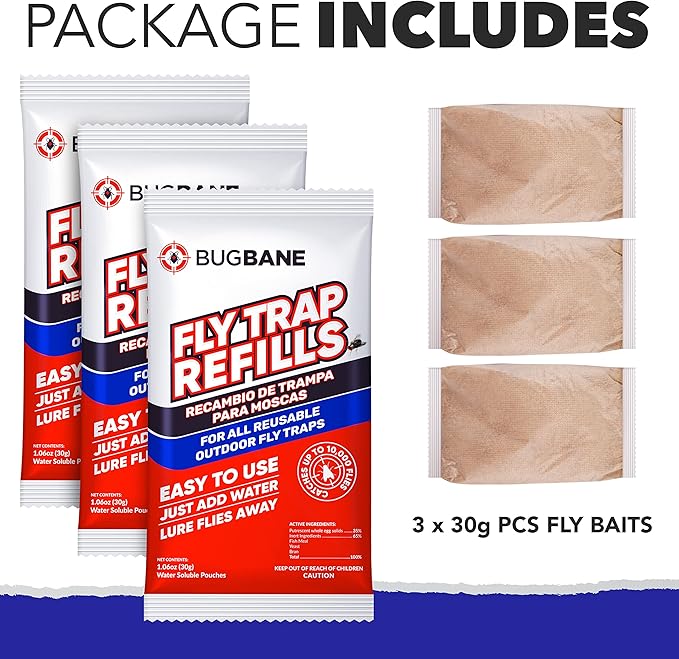 Fly Bait Fly Trap Refill Packets 3x1oz. Non Toxic Dissolvable Granules Work with All Reusable Flies Traps Outdoors Attractant. Flies Trap Bait Magnet Ranch Flytrap Outdoors. Cebo para Moscas