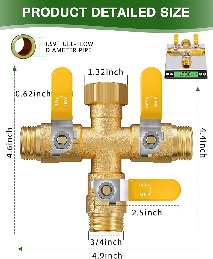 Garden Hose Splitter, 3 Way Heavy Duty Brass hose splitter, Water Hose Bib Spigot Splitter with 0.59" Full Flow Ball Valve Outlet & Shut-Off Valve 3/4'' Connector Outdoor Water Faucet Adapter (Yellow)