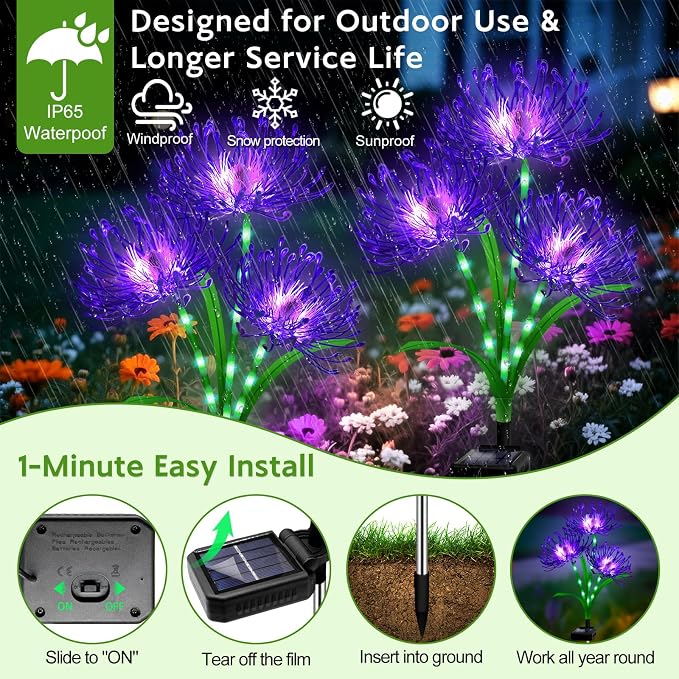 Solar Lights Outdoor, 4 Pack Purple Lights - Purple Flower Garden Decorative with Glowing Stems, Waterproof IP65 Yard Spider Lily Lights for Pathway Lawn Patio, Garden Gifts for Women Mom Grandma