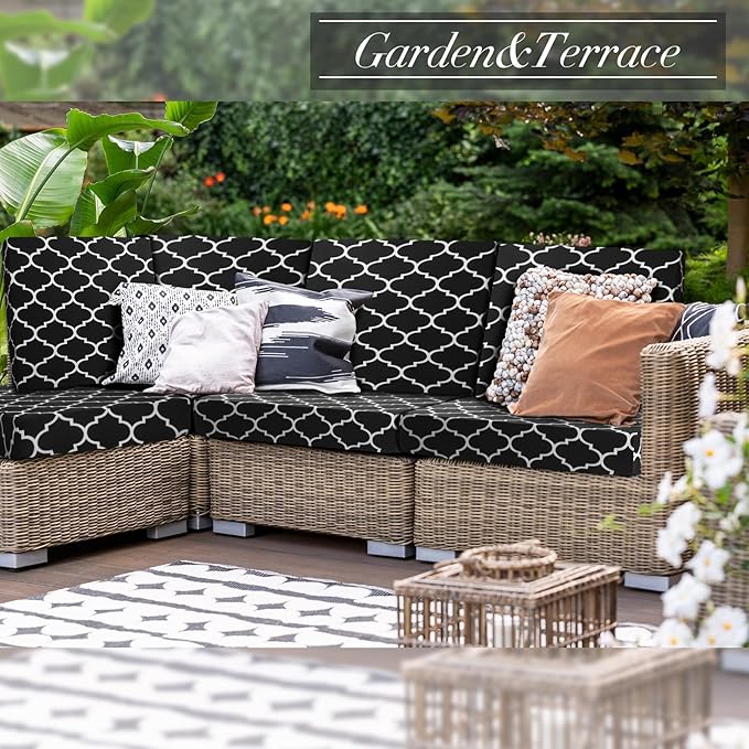 Newwiee 8 Pcs Stretch Patio Outdoor Cushion Covers Waterproof Replacement Sofa Couch Covers for 4 Backrests and 4 Cushions Washable Lawn Garden Seat Furniture Protector(Black)