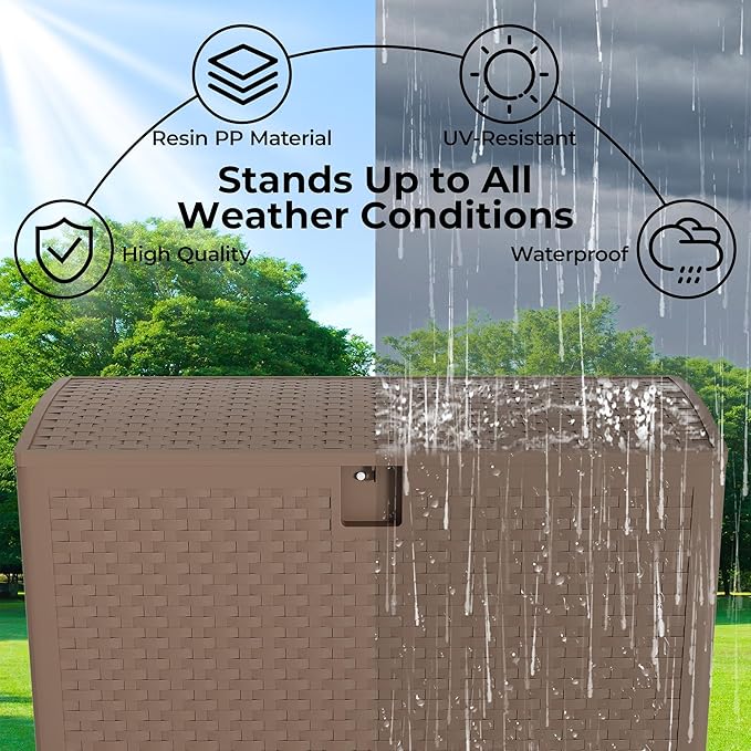 99Gallon Brown Resin Deck Box, Outdoor Storage Box Waterproof Lockable, Patio Deck Box For Package Parcels, Outside Storage Box Container for Furniture Cushions, Garden Tools, Pool Accessories