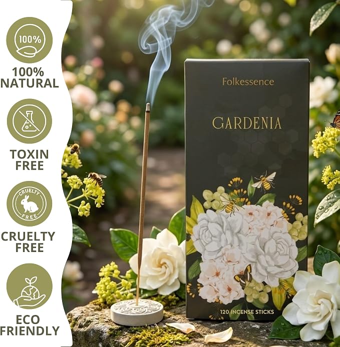 Folkulture Incense Sticks (120 Sticks) | Gardenia Incense for Home & Aromatherapy | Long Burning, Charcoal-Free, Non-Toxic Incense for Relaxation & Summer Vibes | Home Decor Gifts