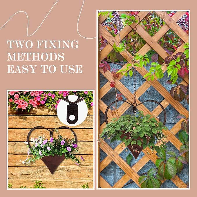 2 Pack Metal Plant Hangers Indoor and Outdoor Rustic Heart Shape Hanging Planters Holder Detachable Flower Pot with Hooks Chains Drain Hole Birthday Gifts for Women Mom Garden Lovers Home Decor