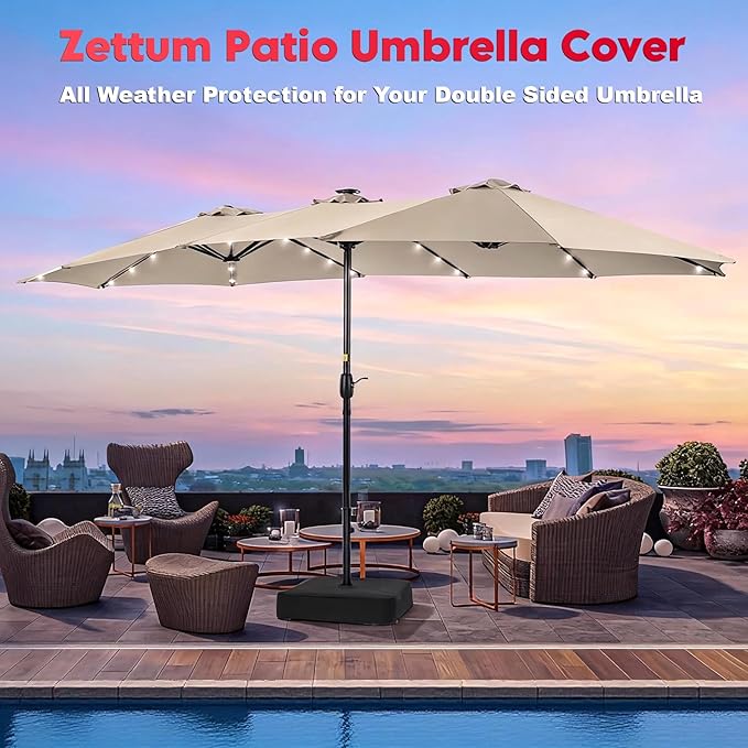 Zettum Patio Umbrella Cover - 600D Umbrella Covers Waterproof & Heavy Duty, Outdoor Umbrella Covers with Zip, Patio Parasol Cover Provide All-Weather Protection, Fit Double-Sided Umbrellas 13-15 FT