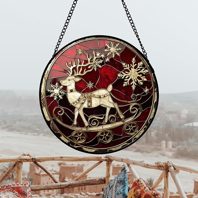 DASTOLL Stained Glass Window Hanging 4 Pcs Set Red Christmas Elk Snowflakes 9.8" - Deer Suncatcher Door Garden Sun Catcher Decor Birthday for Mom Woman Nana Men Friend