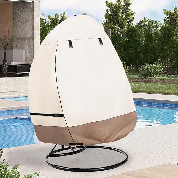 okcool Patio Hanging Egg Chair Cover, Waterproof Heavy Duty Outdoor Double Seat Swing Egg Chair with Stand Cover(Beige & Brown, 66″W x 43″D x 68″H)
