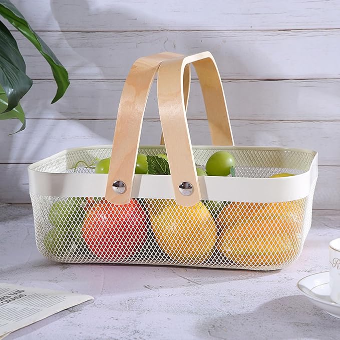 AJIODA Metal Mesh Steel Basket, Storage Organizer Basket Garden Harvest Basket Multi-functional Kitchen Fruit Baskets Bin with Wooden Handle for Bathroom Picnic Shopping Decor Cabinet Home, White