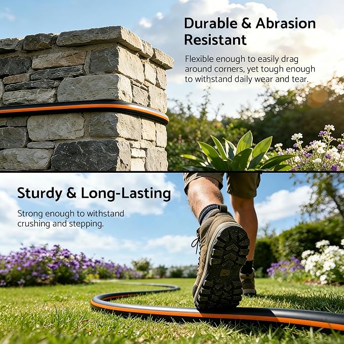 Heavy Duty Garden Hose 100 ft x 5/8", 5-Layer Hybrid Rubber Water Hose with 3/4" Swivel Brass Male to Female Fittings, 1000 PSI Burst, No-kink for Lawn, Backyard, Black & Orange