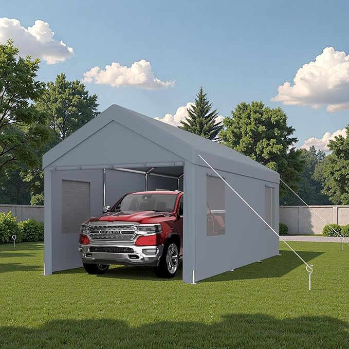 12x20FT Canopy, Outdoor Portable Garage with 2 Roll-Up Doors & 4 Ventilated Windows, Patio Camping Heavy Duty Car Port Canopy with PE Cover, Ground Pegs & Steel Cables, Easy Assembly, Grey