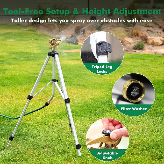 RESTMO 48” Large Full Metal Impact Sprinkler Head on Tripod Base, 360° Rotating & Height Adjustable Tripod, Heavy Duty Zinc Alloy Sprinkler for Large Yard and Lawn Irrigation