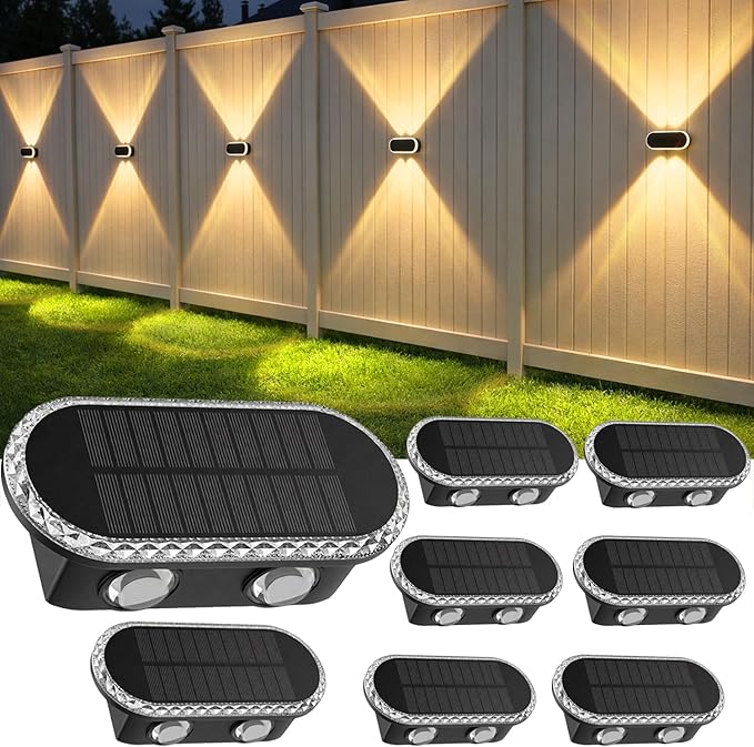 Solar Fence Lights Outdoor: IP65 Waterproof Wall Lighting with Dual Focused LED Up Down - 3000K/4000K/6000K 10-12H Lasting - Easy to Install for Backyard Patio Porch 8 Pack