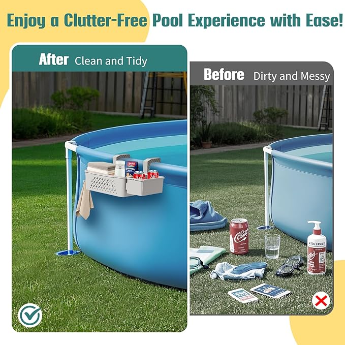 【2026 Upgrade】2-Pack Poolside Storage Basket with Cup Holder, Above Ground Pool Accessories, 3-in-1 Swimming Pool Hanging Storage Baskets to Organize Cups & Towels, Fits 3 Inch or Less Top Rail(Beige)
