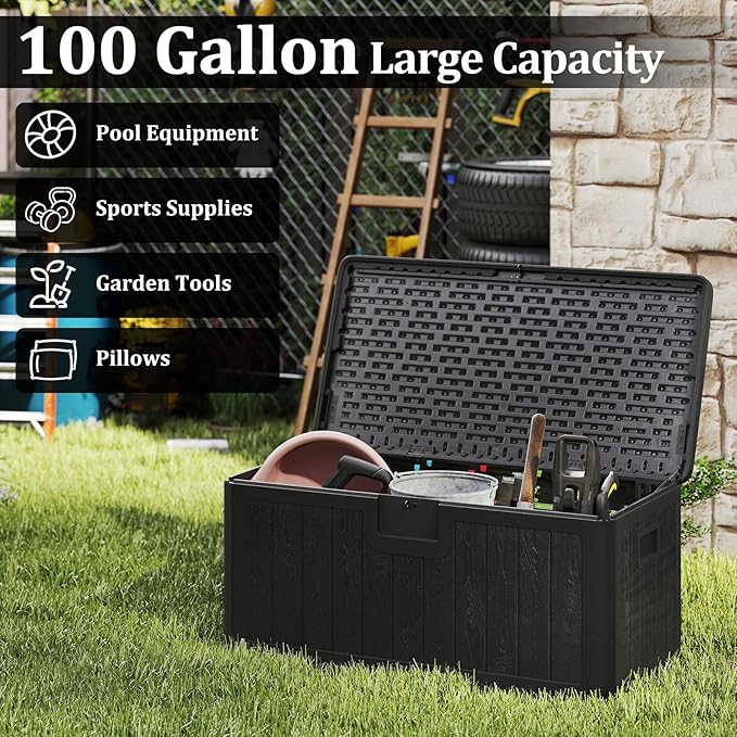 Tangkula 100 Gallon Outdoor Storage Box, Resin Outdoor Storage Bench with Lockable Lid, Waterproof Deck Box for Garden Tools, Pool Accessories, Cushions