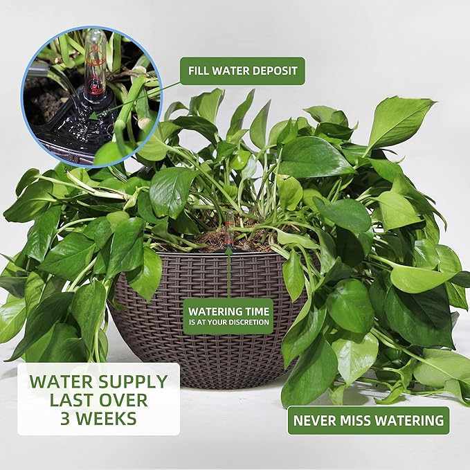 Dexceder 13.5 Inch Self Watering Hanging Planter (Brown) | Thickened Large Hanging Basket Flower Plant Pot with Water Level Indicator Indoor Outdoor