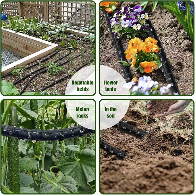 Soaker Hose 100FT, Thickened Flat Soaker Hoses For Garden 100 ft 2 pack, Drip Irrigation Hose Saves 80% Water, Leak-free Design Water Hose with Holes For Lawn, Flower Bed, Vegetable Field (50 FT x 2)