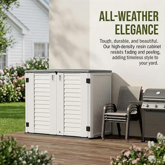Horizontal Resin Outdoor Storage Shed, 34 Cu. Ft Weatherproof Storage Cabinet, Easy Assembly, Outdoor Storage Box for Backyards, Garden, Pool, No Shelf Included (White)