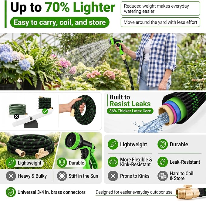 Flexible Garden Hose, Ultra Lightweight Water Hoses 50FT w/10 Function Sprayer and 3/4" Brass Fittings, Kink-Free, Sturdy, Abrasion Resistant for Yard, Lawn, Outdoor and Gardening