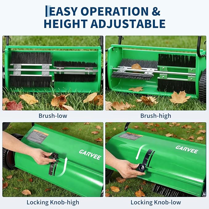 Push Lawn Sweeper, 26-Inch Width, 7 Cu. ft. Hopper Capacity, 4 Spinning Brushes, Adjustable Height, Durable Steel Frame with Rubber Wheels, Ideal for Leaves and Grass