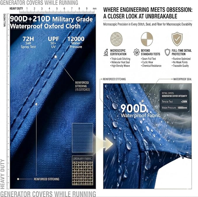 Generator Covers While Running, Universal Generator Cover, 600+210D Double Layer Production, Heavy Duty and Waterproof, for 5000W-10000W Frame Type Generators, Blue, with Storage Bag