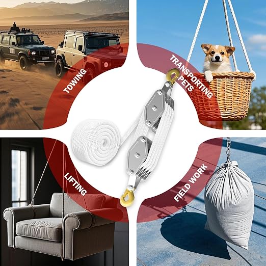 YATOINTO Rope Pulley Hoist with Metal Bearing 4400 LB, 8:1 Pulley Block and Tackle System, Pulley Block 2200LB Loading Capacity, 65ft Heavy Duty Rope Hoist for Hunting Garage Warehouse Constructions
