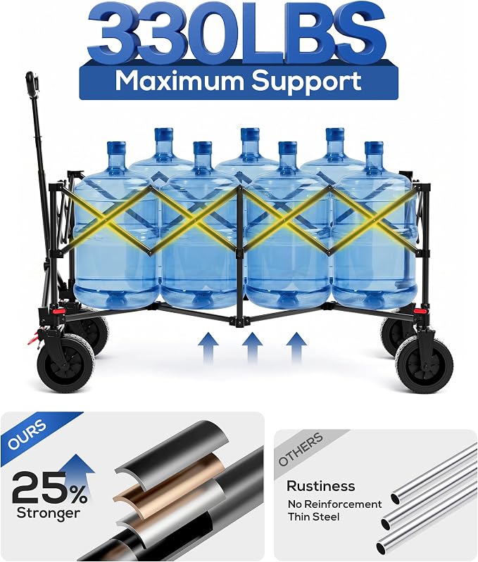 47" Collapsible Wagon Cart Foldable 300L Capacity Compact Folded Size | 330 lbs Heavy Duty Utility Wagon, Removable Fabric & Wheels, Cup Holders, For Shopping Camping Sports Moving