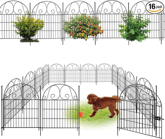16 Pannels Garden Fence Animal Barrier,Decorative Garden Fence with Gate, No Dig Fencing for Yard,32in(H),Total Length 35Ft，Arched Metal Fence Panels,Rustproof Black