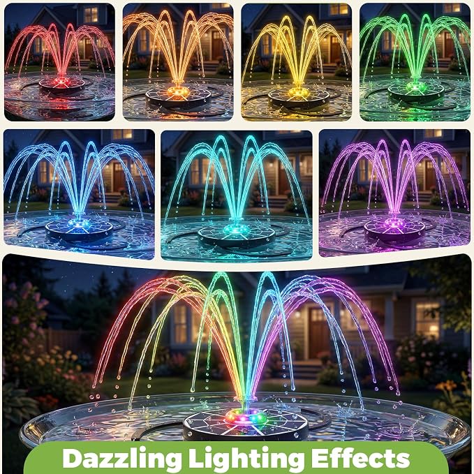 AISITIN 4W Solar Fountain with Lights, Chargeable Solar Bird Bath Fountains Built-in 2200mAh Battery, 2026 Upgrade Glass Panel Solar Water Pump for Bird Bath, Garden, Pond, Pool, Fish Tank, Aquarium