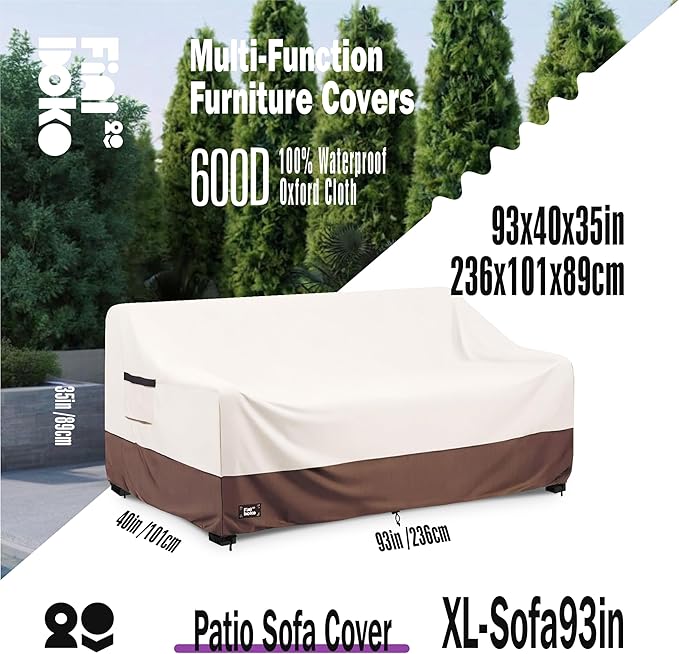 3-Seater Outdoor Sofa Cover, 93Wx40Dx35H inches Outdoor Furniture Covers Waterproof,100% Waterproof Heavy Duty Patio Furniture Covers,Beige&Brown Modern Style Outdoor Couch Cover