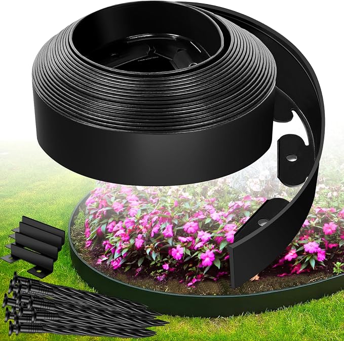 Landscape Edging Border - 3”x60’ Garden Edging Border with 60 Stakes, No Dig Lawn Edging for Landscaping for Garden Bed, Thickened Top Edge Flexible Flower Bed Border Edging for Outdoor